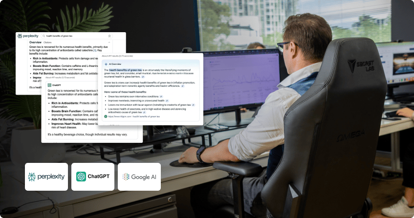 three click click media senior team members standing together in the norwest office in front of monitors showing ai citation tracking dashboards across chatgpt, gemini, perplexity and google ai overviews.