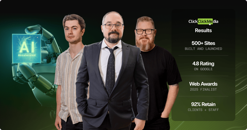 three members of the click click media ai consulting team alongside a results panel showing 4.8 google rating, web awards 2025 finalist, and 92 percent client and staff retention.