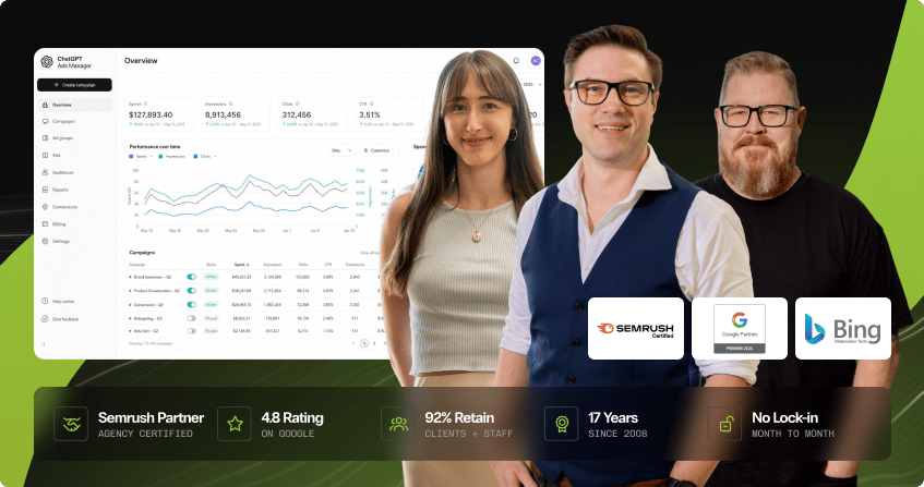 ccm ai seo team. semrush partner, 4.8 rating, 92% retain, since 2008, no lock-in contracts