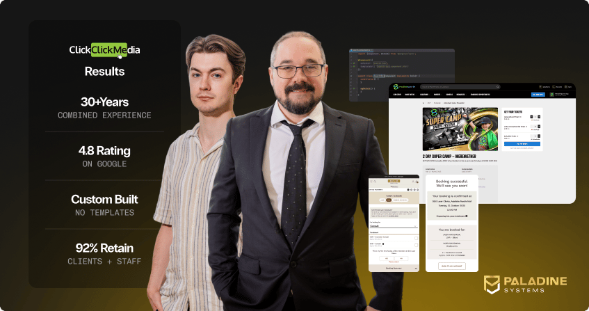 two members of the paladine systems team standing together with screenshots of a custom event booking system, a booking confirmation screen, and a code editor, alongside a results panel showing 4.8 google rating, custom built with no templates, and 92 percent client retention, with the paladine systems logo.