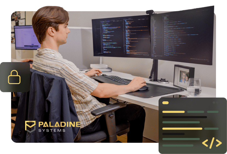 A Paladine Systems developer working at a dual-monitor workstation with code displayed across both screens, with security padlock and code editor icons overlaid and the Paladine Systems logo.