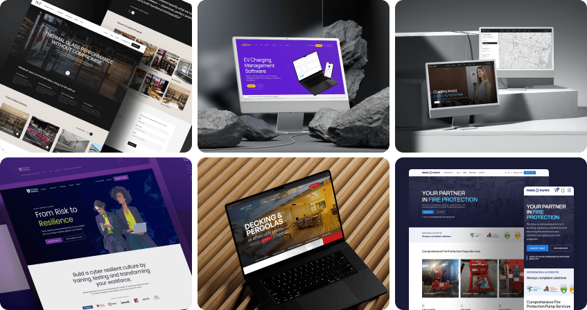 six completed custom website designs displayed on device mockups, including a thermal glass performance site, an ev charging management platform, a cyber resilience consultancy, a decking and pergolas business, and a fire protection services company.