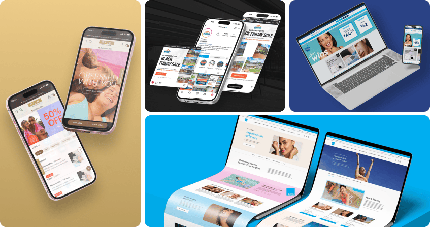 four headless cms projects displayed on phone, laptop, and tablet mockups showing a skincare ecommerce app, a holiday park booking platform, a national aesthetics brand website, and a multi-location clinic site with promotional landing pages.