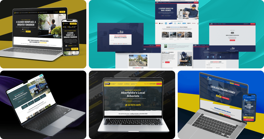 five locations plus client websites displayed across laptop and mobile mockups including a commercial cleaning company, it support provider, solar installer, arborist, and local electrician.