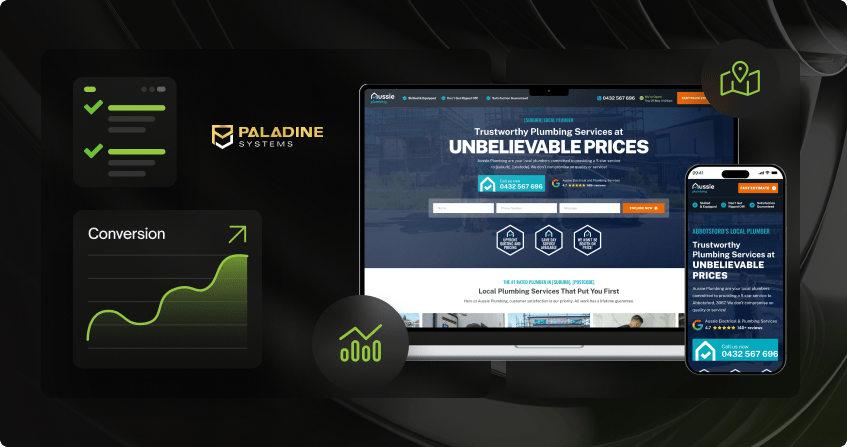 locations plus platform showing a local plumbing landing page on desktop and mobile with paladine systems logo, conversion tracking chart, and seo verification indicators.