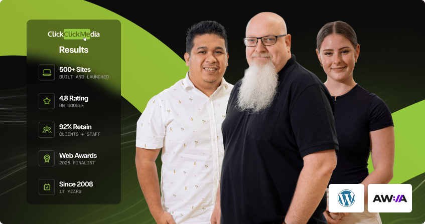 three members of the click click media wordpress development team standing together, with a results panel showing 500 plus sites built, 4.8 google rating, 92 percent retention, web awards 2025 finalist, and since 2008, with wordpress and awia logos on the right.