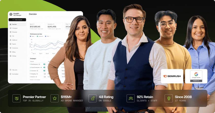 five click click media team members standing together in the norwest office in front of monitors showing the openai ads manager dashboard, conversions api setup, and chatgpt ads campaign reporting, with google premier partner and semrush agency partner badges visible.