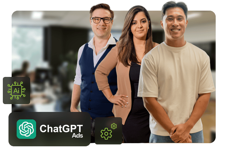 Three Click Click Media team members standing together in a modern office with overlaid graphics showing the ChatGPT logo labelled "ChatGPT Ads", an AI processor chip icon, and a settings cog badge.