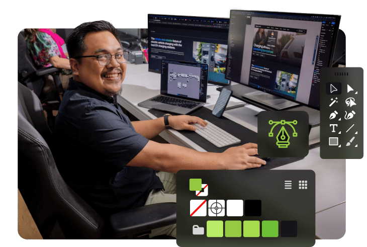 Jose from the Click Click Media design team smiling at the camera from his workstation with a website build open across dual monitors, a laptop, and design tool icons including a vector pen tool, colour palette swatch, and typography controls overlaid.