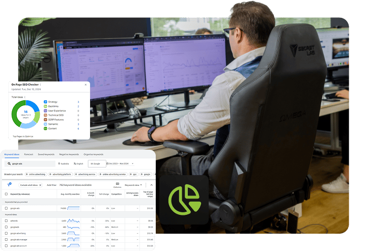 Click Click Media SEO strategist reviewing franchise keyword data and on-page SEO audit results across dual monitors with Semrush dashboards and keyword research tools at the Norwest office.
