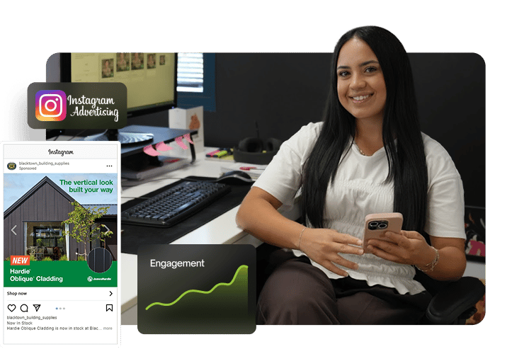 Anastasia smiling at the camera while holding her phone at her desk, with an Instagram Advertising badge, a sponsored building supplies carousel ad, and an engagement trend line overlaid.