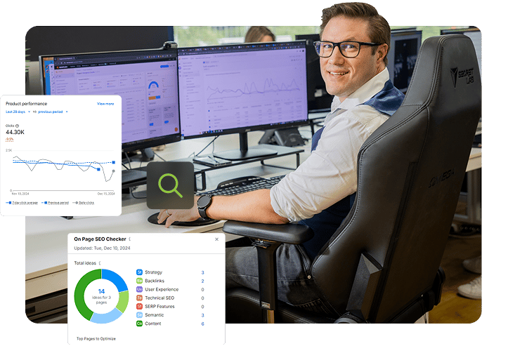 Local SEO specialist smiling at the camera from a dual-monitor workstation, with overlaid screenshots showing a product performance chart at 44,300 clicks, a Semrush On Page SEO Checker with 14 ideas across strategy, backlinks, and technical SEO categories, and a search magnifying glass icon.