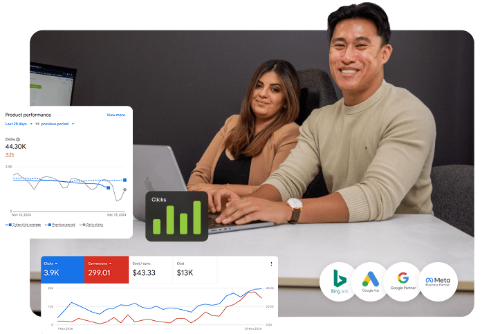 Two PPC specialists sitting together at a desk reviewing a Google Ads performance dashboard showing an upward conversion trend on a laptop screen, with Google, Bing, and SEMrush platform logos along the bottom.