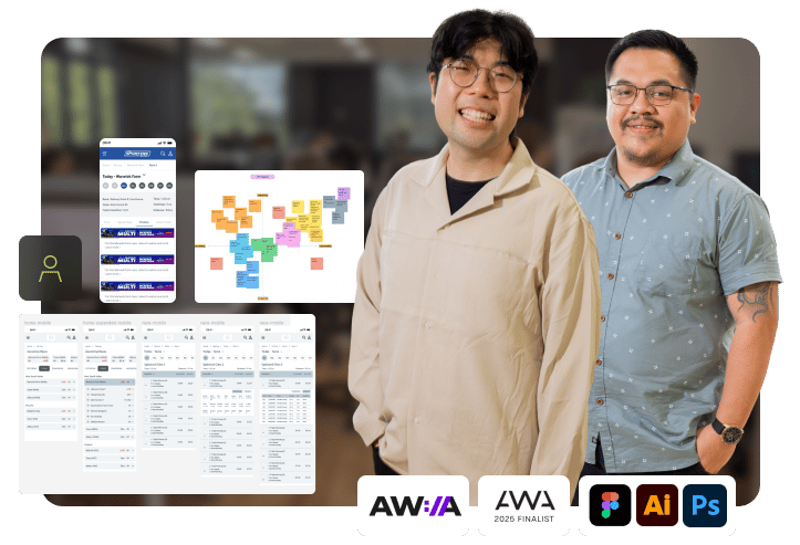 Jerry and Jose standing in front of a blurred office background, surrounded by UI design screens and award badges for web and design competitions.