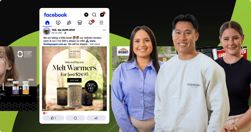 three click click media team members standing together with overlaid facebook ad examples from client campaigns including the dupe spot melt warmers promotion, future clinic beauty products, hi-craft home improvements, and esports event promotions.
