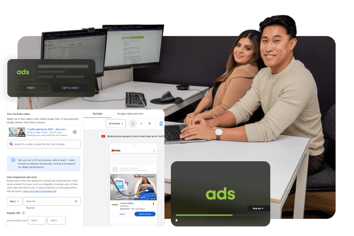 Adirel & Amanda working on YouTube ad campaigns, at a desk together, in office photoshoot.