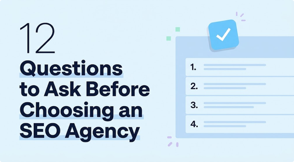 12 Questions to Ask Before Choosing an SEO Agency, checklist cover illustration.