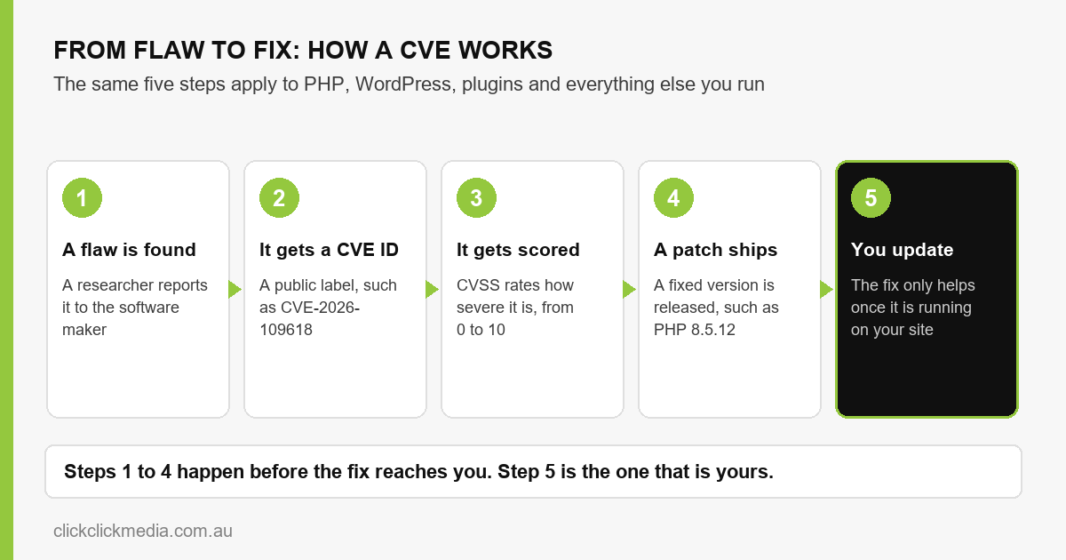 Five-step diagram showing how a software flaw becomes a CVE, gets scored, is patched and is then updated by the site owner