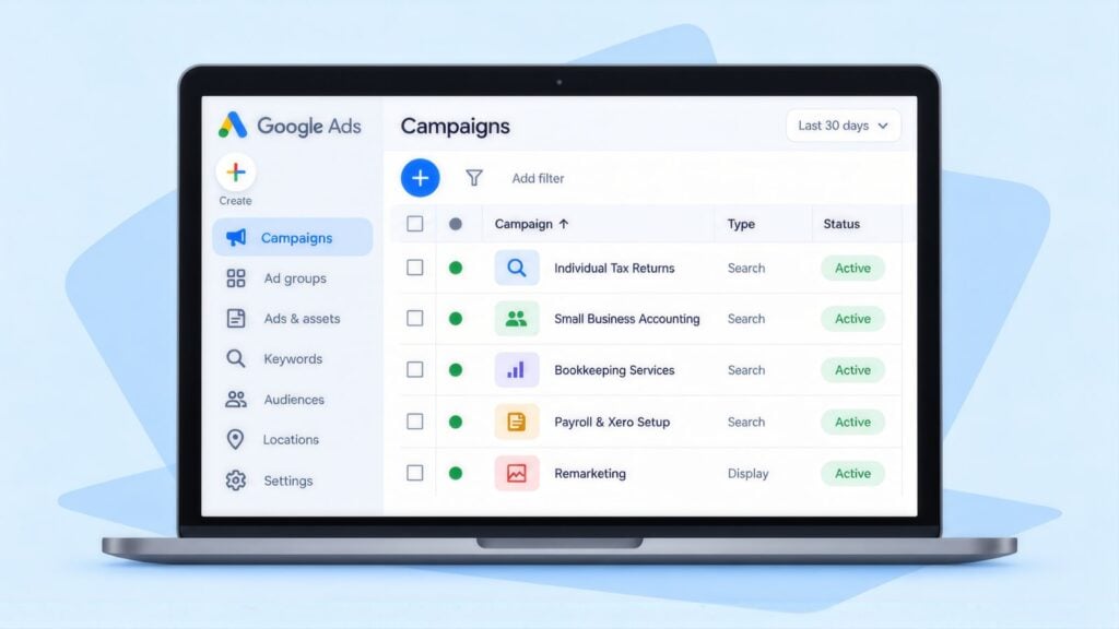 Laptop showing Google Ads campaigns for an accountant, including Individual Tax Returns, Small Business Accounting, Payroll & Xero Setup and Remarketing