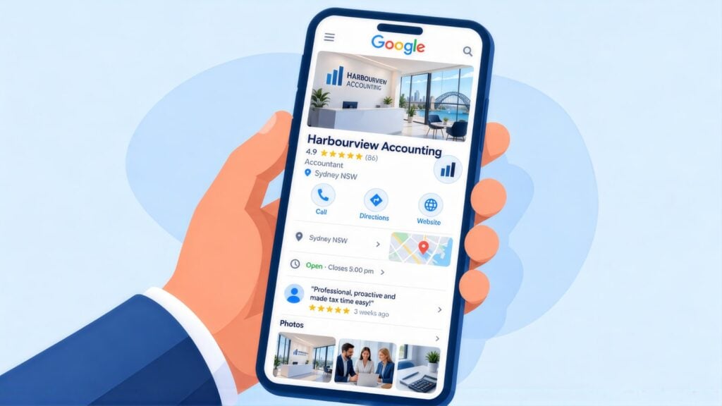 Phone showing the Harbourview Accounting Google Business Profile in Sydney, rated 4.9 from 86 reviews, with call, directions, a review and photos