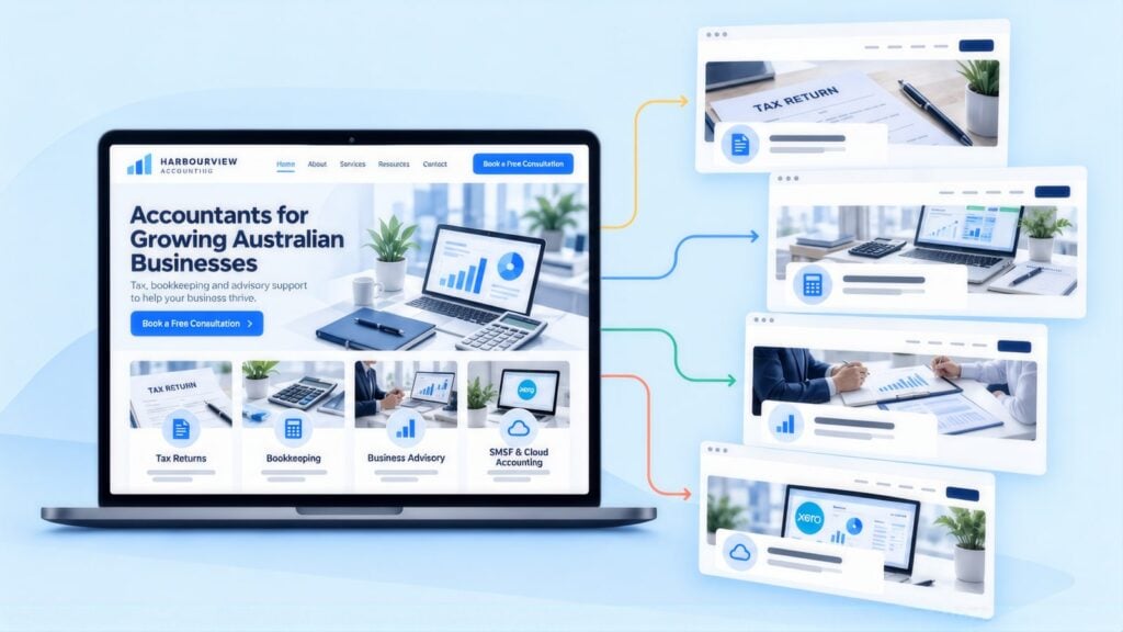 Laptop showing an accounting website with Tax Returns, Bookkeeping, Business Advisory and SMSF & Cloud Accounting tiles linked to their own landing pages