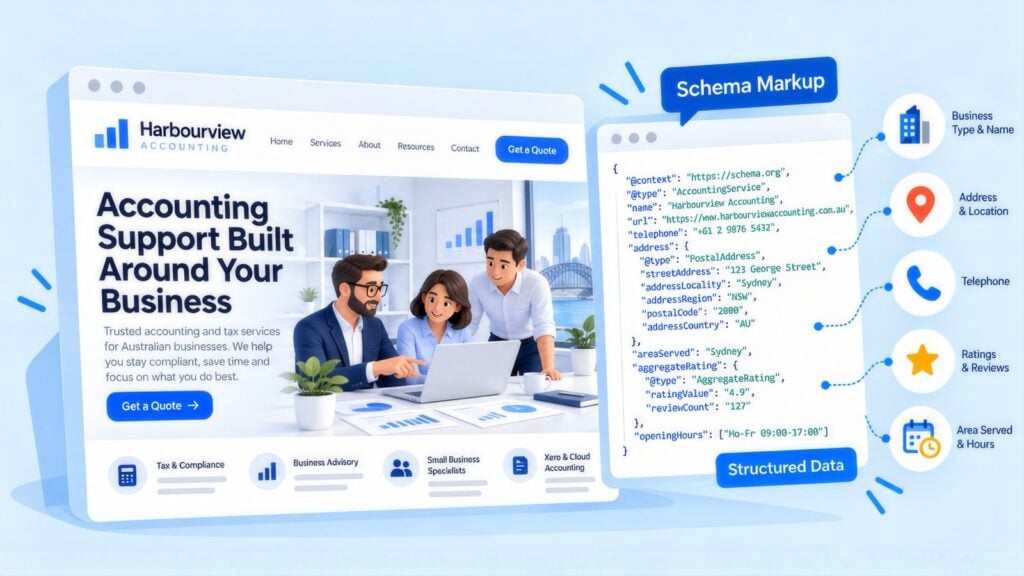 Harbourview Accounting web page beside its AccountingService schema code, with labels for business name, address, telephone, ratings and hours