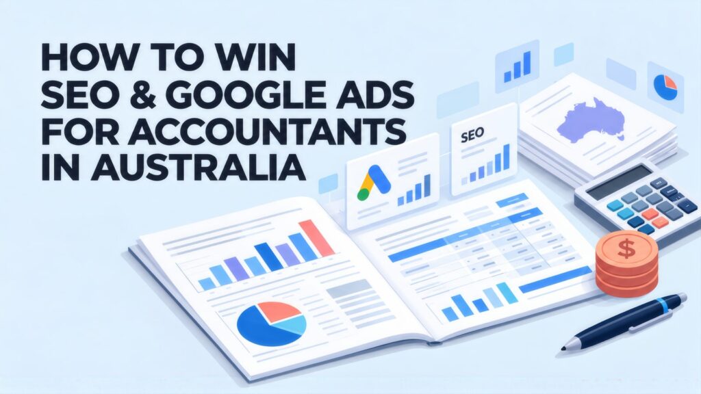 Headline 'How to Win SEO & Google Ads for Accountants in Australia' beside an open report of charts, SEO and Google Ads cards, a calculator and coins