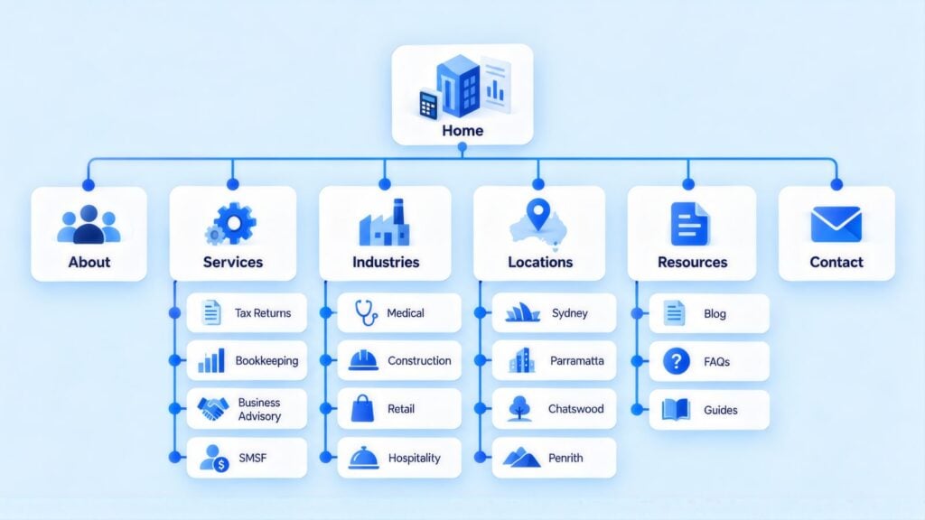 Site map tree from Home to Services, Industries, Locations and Resources, with pages like Tax Returns, SMSF, Construction, Parramatta and FAQs