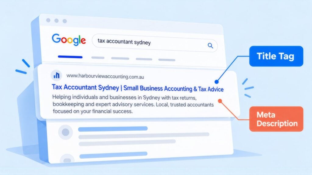 Google result for 'tax accountant sydney' with the blue headline labelled Title Tag and the snippet about tax returns labelled Meta Description