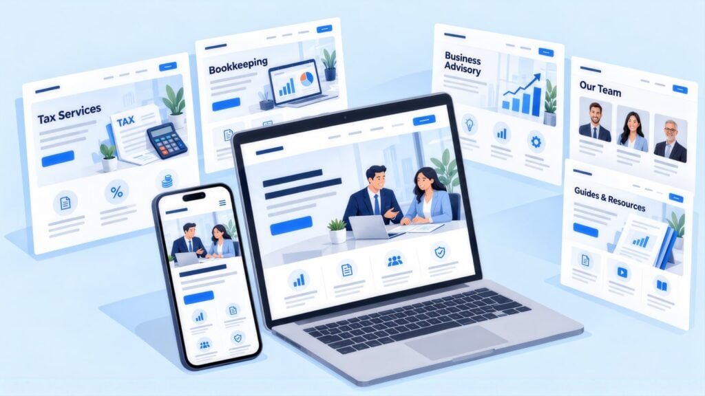 Laptop, phone and floating pages for an accounting firm, including Tax Services, Bookkeeping, Business Advisory, Our Team and Guides & Resources