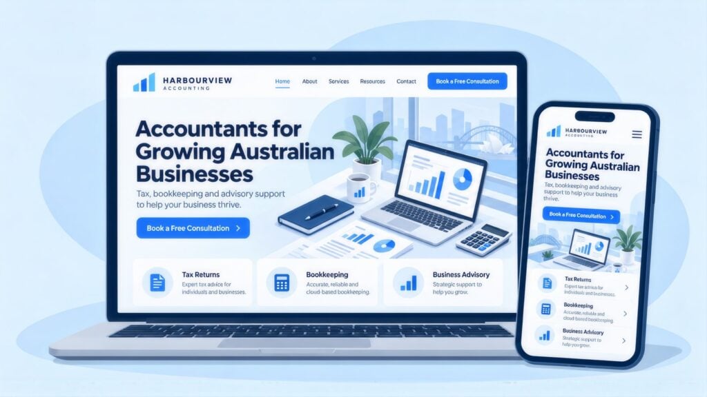 Laptop and phone showing a Harbourview Accounting website headed 'Accountants for Growing Australian Businesses' with a Book a Free Consultation button