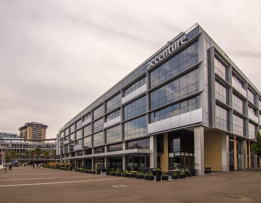 workplace6 at 48 pirrama road, pyrmont, in april 2015, with the rooftop sign of co-anchor tenant accenture visible.