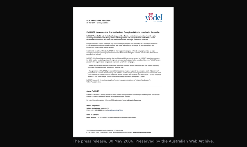 the archived fulfilnet press release announcing australia's first authorised google adwords reseller, on yodel letterhead, preserved by the australian web archive.