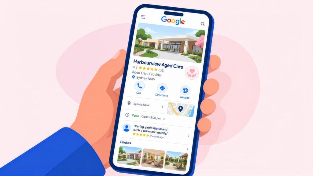 Phone showing the Harbourview Aged Care Google Business Profile in Sydney, rated 4.8 from 86 reviews, with call, directions, a review and photos