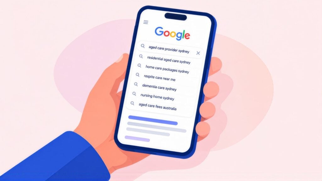 Hand holding a phone with Google suggestions for aged care provider sydney, including home care packages sydney, respite care near me and dementia care