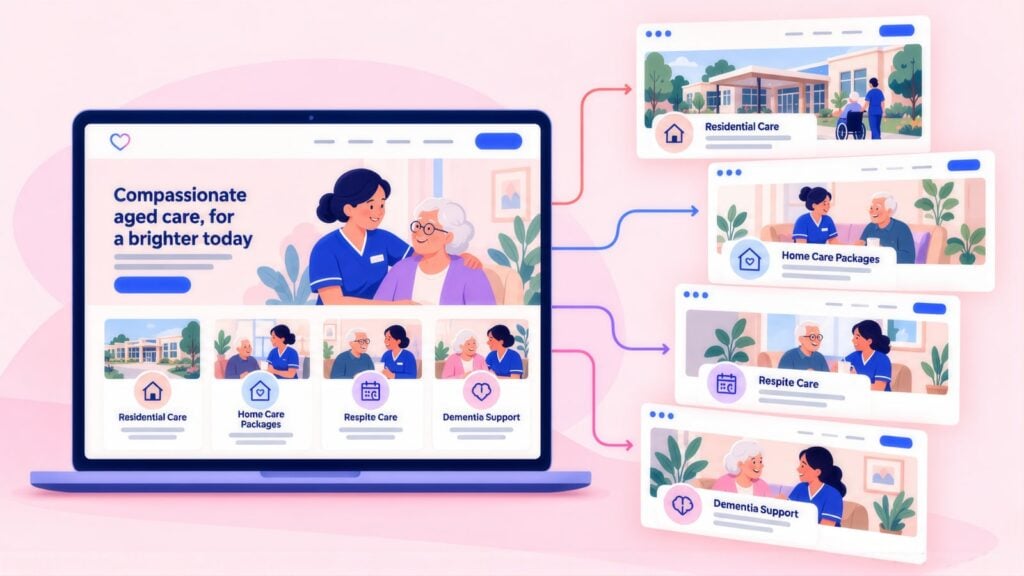 Laptop showing an aged care site with Residential Care, Home Care Packages, Respite Care and Dementia Support tiles, each linked to its own landing page