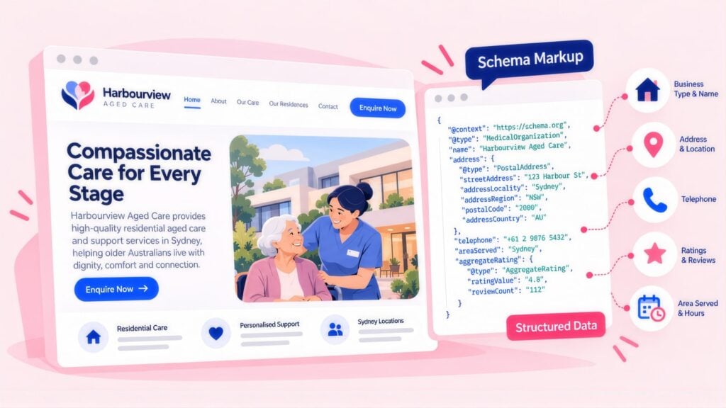 Harbourview Aged Care web page beside its MedicalOrganization schema code, with labels for business name, address, telephone, ratings and hours