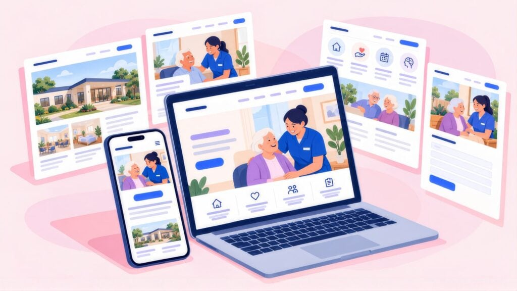 Laptop, phone and floating web pages for an aged care provider, showing a care home building, carers with elderly residents and an enquiry form