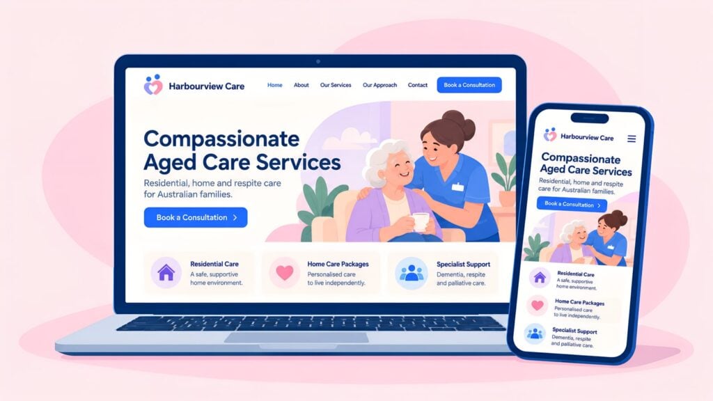 Laptop and phone showing a Harbourview Care website headed 'Compassionate Aged Care Services', with a carer and smiling resident sharing a cup of tea