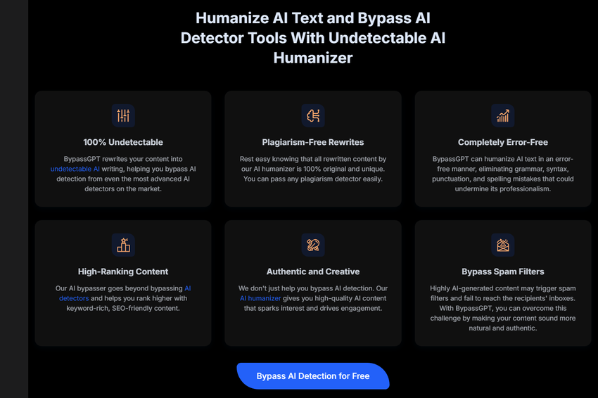 bypassgpt page headed 'humanize ai text and bypass ai detector tools', with cards for 100% undetectable and high-ranking content.