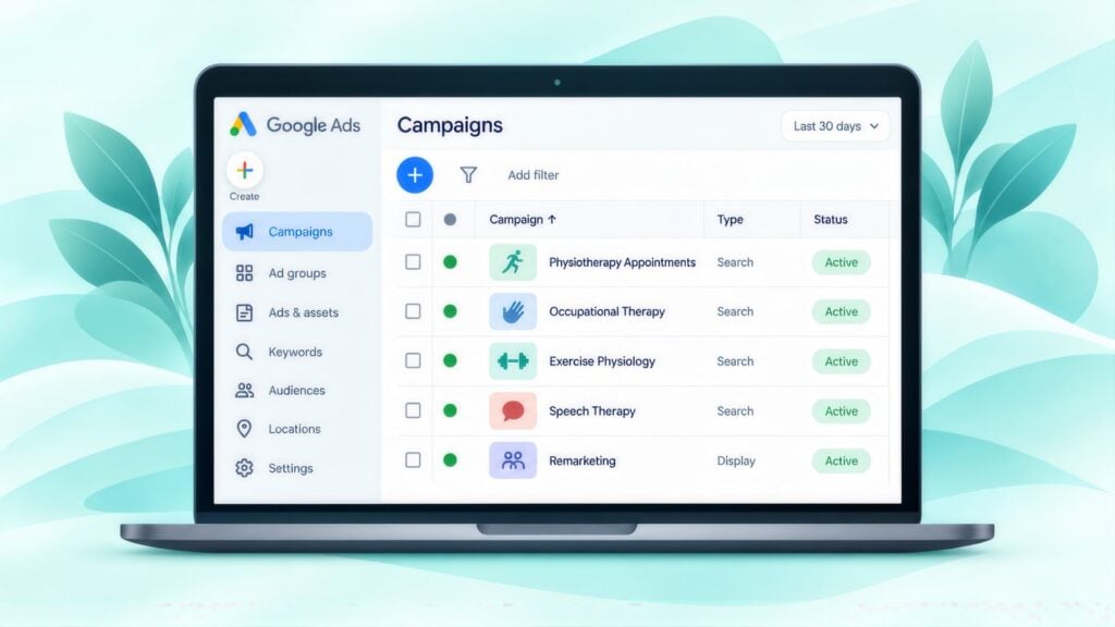 Laptop showing Google Ads campaigns for allied health, including Physiotherapy Appointments, Occupational Therapy, Speech Therapy and Remarketing