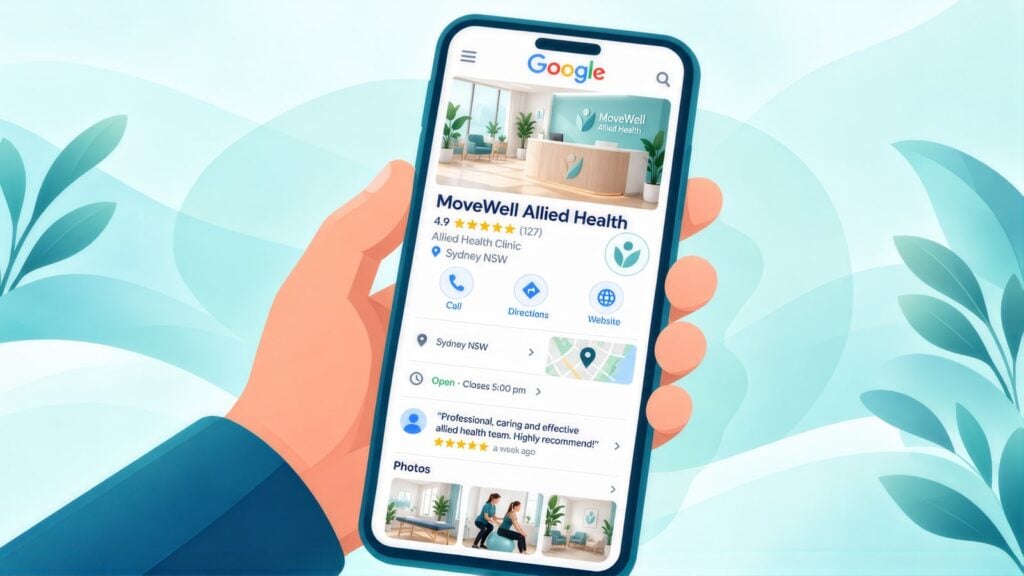 Phone showing the MoveWell Allied Health Google Business Profile in Sydney, rated 4.9 from 127 reviews, with call, directions, a review and photos