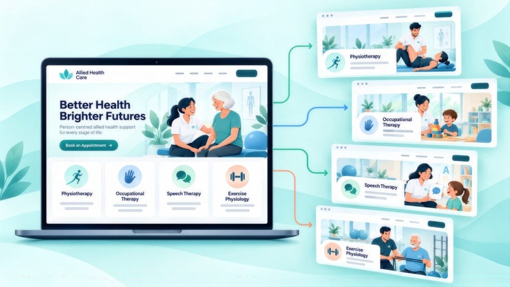Laptop showing an allied health site with Physiotherapy, Occupational Therapy, Speech Therapy and Exercise Physiology tiles linked to their own landing pages