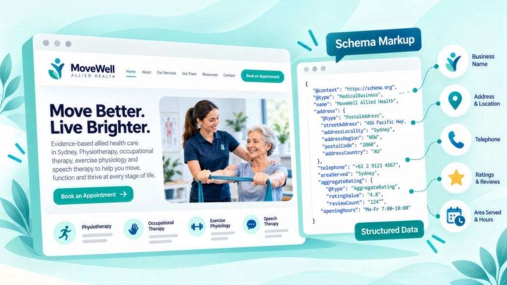 MoveWell Allied Health web page headed 'Move Better. Live Brighter.' beside its MedicalBusiness schema code, with labels for address, phone and ratings
