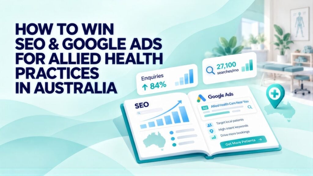 Headline 'How to Win SEO & Google Ads for Allied Health Practices in Australia' beside an open guide, 84% enquiries and 27,100 searches/mo cards, and a bright treatment room