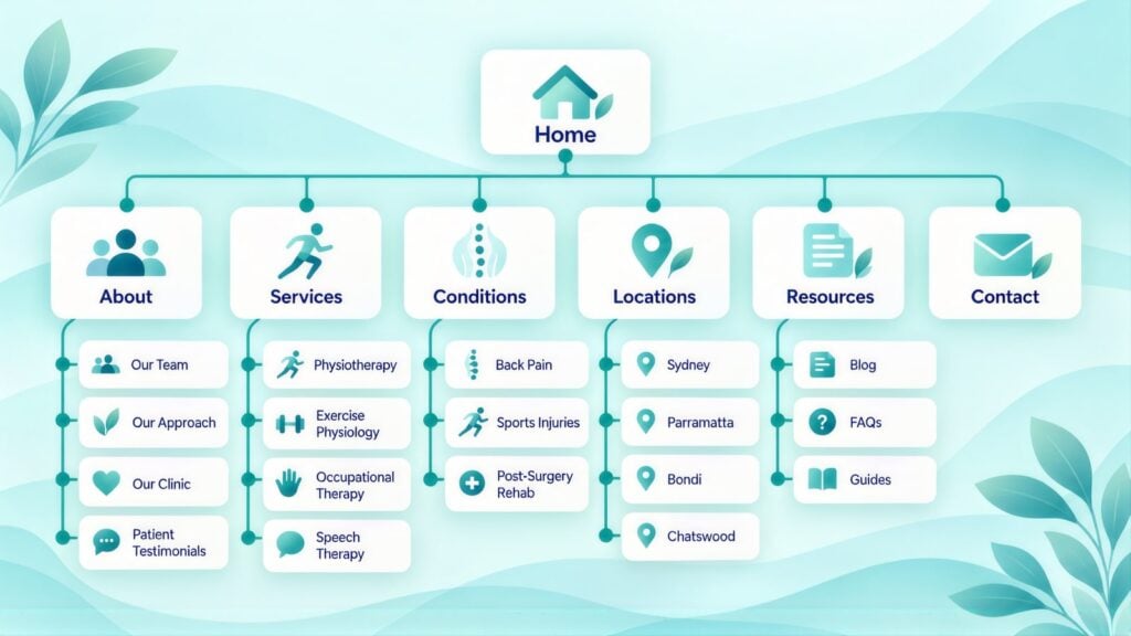Site map tree from Home to Services, Conditions, Locations and Resources, with pages like Physiotherapy, Back Pain, Sports Injuries and Bondi