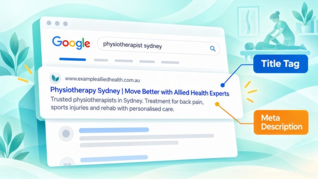 Google result for 'physiotherapist sydney' with the blue headline labelled Title Tag and the snippet about back pain and rehab labelled Meta Description