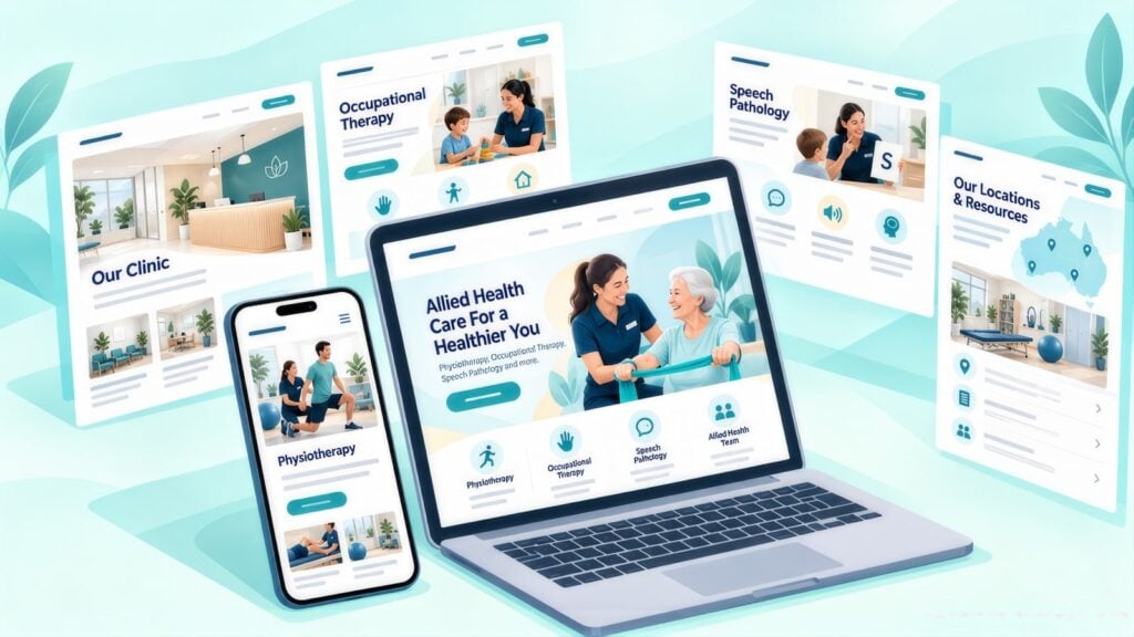 Laptop, phone and floating allied health pages, including Our Clinic, Occupational Therapy, Speech Pathology, Physiotherapy and Our Locations