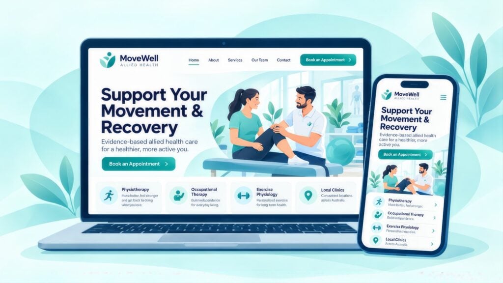 Laptop and phone showing a MoveWell Allied Health website headed 'Support Your Movement & Recovery', with a physio treating a patient's knee