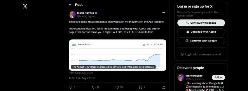 marie haynes tweet, august 2018: beefing up about and author pages 'doesn't make you a high e-a-t site. true e-a-t is hard to fake.'